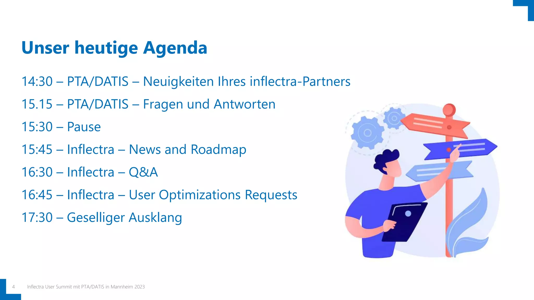 14:30 – PTA/DATIS – Neuigkeiten Ihres inflectra-Partners
15.15 – PTA/DATIS – Fragen und Antworten
15:30 – Pause
15:45 – Inflectra – News and Roadmap
16:30 – Inflectra – Q&A
16:45 – Inflectra – User Optimizations Requests
17:30 – Geselliger Ausklang
Unser heutige Agenda
Inflectra User Summit mit PTA/DATIS in Mannheim 2023
4
 