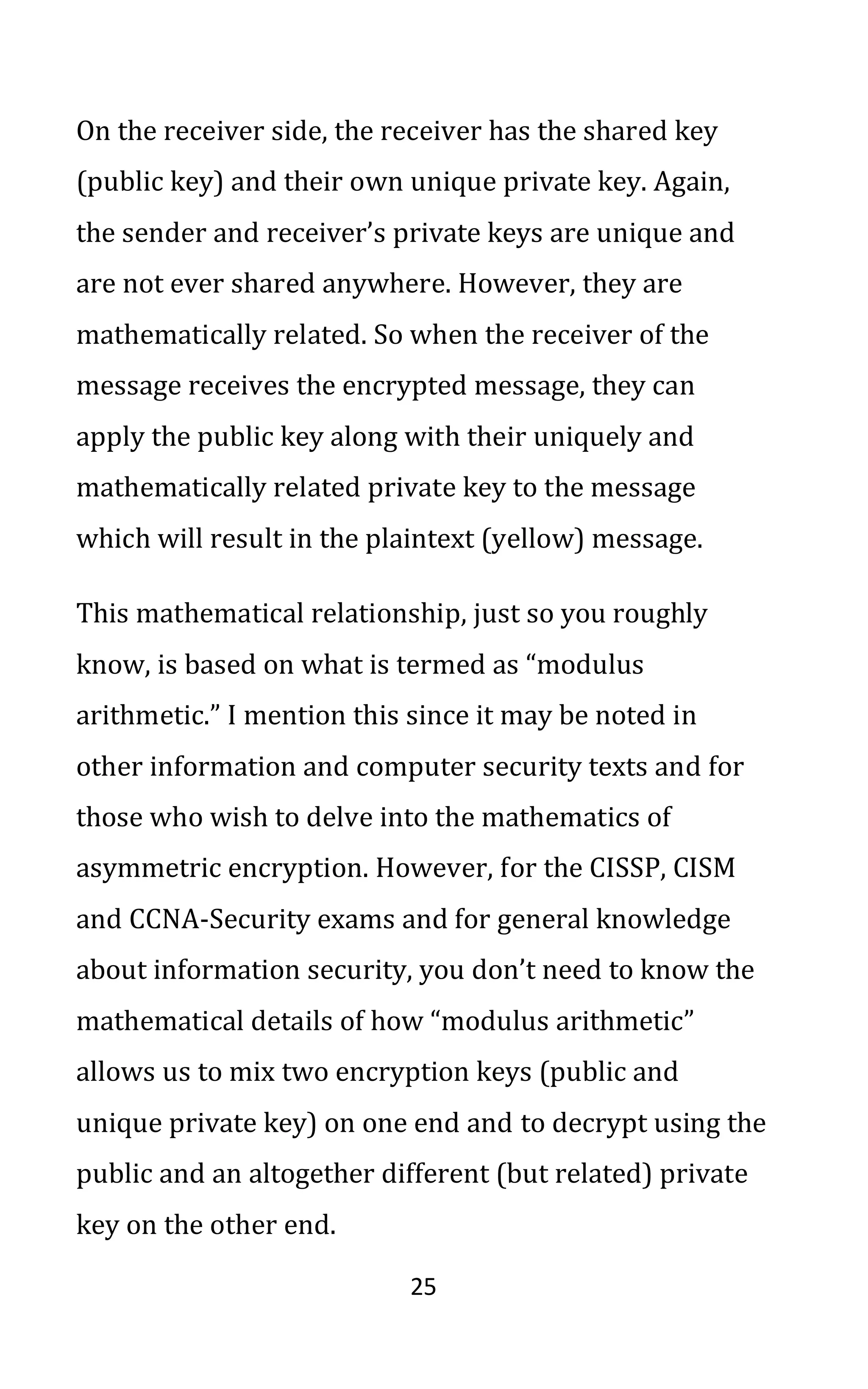 25
On the receiver side, the receiver has the shared key
(public key) and their own unique private key. Again,
the sender and receiver’s private keys are unique and
are not ever shared anywhere. However, they are
mathematically related. So when the receiver of the
message receives the encrypted message, they can
apply the public key along with their uniquely and
mathematically related private key to the message
which will result in the plaintext (yellow) message.
This mathematical relationship, just so you roughly
know, is based on what is termed as “modulus
arithmetic.” I mention this since it may be noted in
other information and computer security texts and for
those who wish to delve into the mathematics of
asymmetric encryption. However, for the CISSP, CISM
and CCNA-Security exams and for general knowledge
about information security, you don’t need to know the
mathematical details of how “modulus arithmetic”
allows us to mix two encryption keys (public and
unique private key) on one end and to decrypt using the
public and an altogether different (but related) private
key on the other end.
 