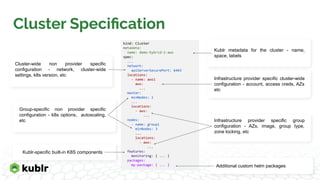 kind: Cluster
metadata:
name: demo-hybrid-1-aws
spec:
...
network:
apiServerSecurePort: 6443
locations:
- name: aws1
aws:
...
master:
minNodes: 1
...
locations:
- aws:
...
nodes:
- name: group1
minNodes: 3
...
locations:
- aws:
...
features:
monitoring: { ... }
packages:
my-package: { ... }
Cluster Speciﬁcation
Kublr metadata for the cluster - name,
space, labels
Cluster-wide non provider specific
configuration - network, cluster-wide
settings, k8s version, etc
Infrastructure provider specific cluster-wide
configuration - account, access creds, AZs
etc
Infrastructure provider specific group
configuration - AZs, image, group type,
zone locking, etc
Group-specific non provider specific
configuration - k8s options, autoscaling,
etc
Kublr-specific built-in K8S components
Additional custom helm packages
 