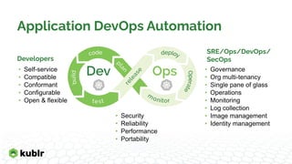 Application DevOps Automation
Developers
SRE/Ops/DevOps/
SecOps
• Self-service
• Compatible
• Conformant
• Configurable
• Open & flexible
• Governance
• Org multi-tenancy
• Single pane of glass
• Operations
• Monitoring
• Log collection
• Image management
• Identity management
• Security
• Reliability
• Performance
• Portability
 