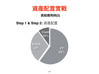 美股應⽤用例例(2)
44
資產配置實戰
Step 1 & Step 2: 資產配置
Cash
10%
BNDX
30% VT
60%
 