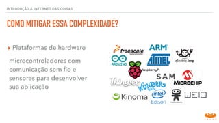COMO MITIGAR ESSA COMPLEXIDADE?
▸ Plataformas de hardware
microcontroladores com
comunicação sem ﬁo e
sensores para desenvolver
sua aplicação
INTRODUÇÃO À INTERNET DAS COISAS
 