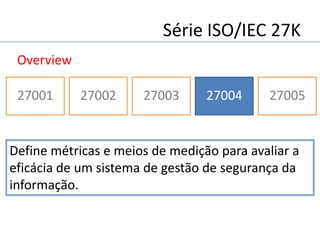Série ISO/IEC 27K
27002 2700327001 2700527004
Overview
Define métricas e meios de medição para avaliar a
eficácia de um sistema de gestão de segurança da
informação.
 