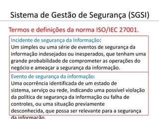 Sistema de Gestão de Segurança (SGSI)
Termos e definições da norma ISO/IEC 27001.
Evento de segurança da informação:
Uma ocorrência identificada de um estado de
sistema, serviço ou rede, indicando uma possível violação
da política de segurança da informação ou falha de
controles, ou uma situação previamente
desconhecida, que possa ser relevante para a segurança
Incidente de segurança da Informação:
Um simples ou uma série de eventos de segurança da
informação indesejados ou inesperados, que tenham uma
grande probabilidade de comprometer as operações do
negócio e ameaçar a segurança da informação.
 