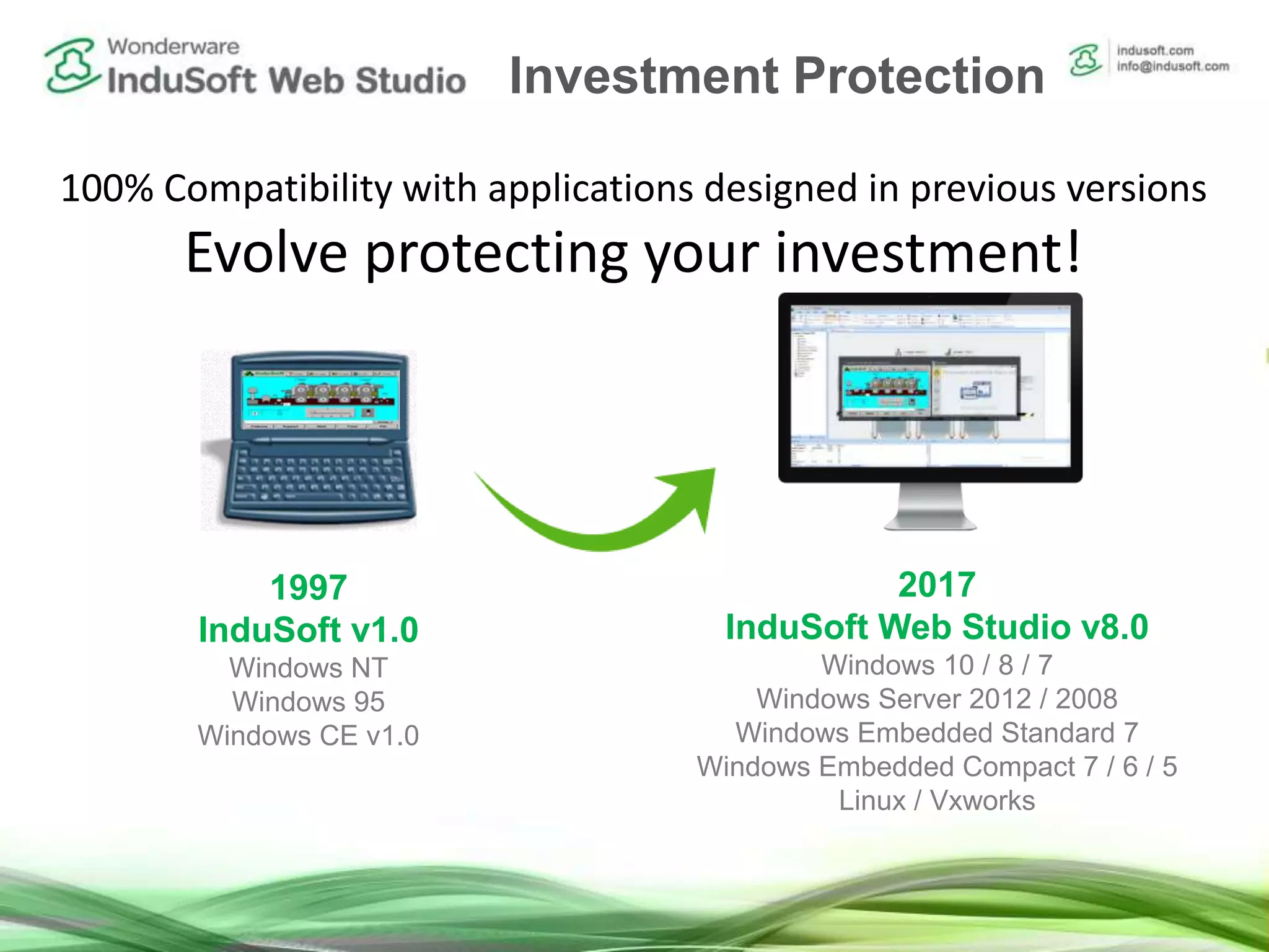 100% Compatibility with applications designed in previous versions
Evolve protecting your investment!
1997
InduSoft v1.0
Windows NT
Windows 95
Windows CE v1.0
2017
InduSoft Web Studio v8.0
Windows 10 / 8 / 7
Windows Server 2012 / 2008
Windows Embedded Standard 7
Windows Embedded Compact 7 / 6 / 5
Linux / Vxworks
Investment Protection
 