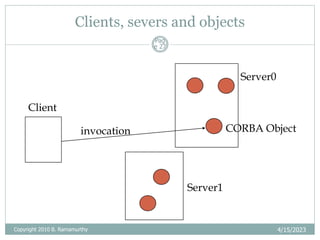 Clients, severs and objects
4/15/2023
Pag
e 27
Client
Server0
Server1
CORBA Object
invocation
Copyright 2010 B. Ramamurthy
 