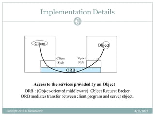 Implementation Details
4/15/2023
Pag
e 33
Access to the services provided by an Object
ORB : (Object-oriented middleware) Object Request Broker
ORB mediates transfer between client program and server object.
Client
ORB
Object
Object
Stub
Client
Stub
Copyright 2010 B. Ramamurthy
 