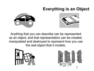 7
Anything that you can describe can be represented
as an object, and that representation can be created,
manipulated and destroyed to represent how you use
the real object that it models.
Everything is an Object
 