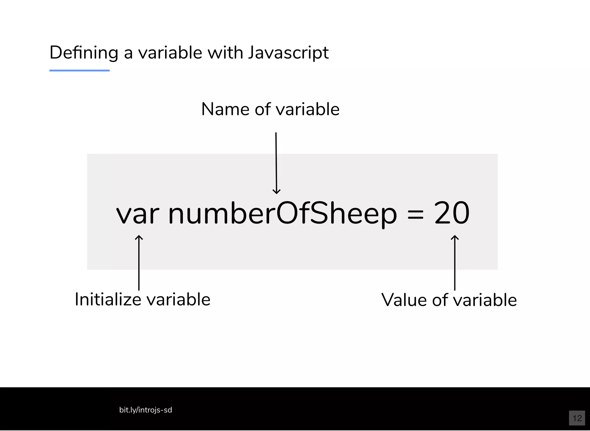 Deﬁning a variable with Javascript
var numberOfSheep = 20
Initialize variable
Name of variable
Value of variable
bit.ly/introjs-sd
12
 