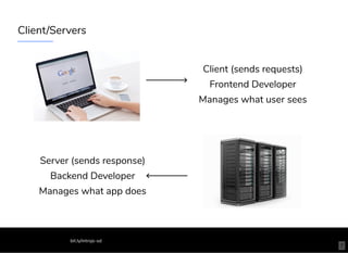 Client/Servers
Client (sends requests)
Frontend Developer
Manages what user sees
Server (sends response)
Backend Developer
Manages what app does
bit.ly/introjs-sd
7
 