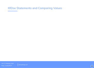 History of Javascript
Written by Brendan Eich in 1995 for Netscape
Initial version written in 10 days
Completely unrelated to Java, but maybe named after it to
draft off its popularity
Over 10 years, became default programming language for
browsers
Continues to evolve under guidance of ECMA International,
with input from top tech companies
bit.ly/introjs-sd
Wi-Fi: Deskhub-main
Pass: Create2017! 11
 