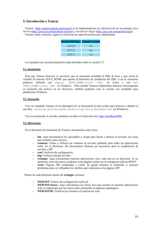 5. Introducción a Tomcat
Tomcat (http://jakarta.apache.org/tomcat/) es la implementación de referencia de las tecnologías Java
Servlet (http://java.sun.com/products/servlets) y JavaServer Pages (http://java.sun.com/products/jsp).
Existen varias versiones, según la versión de las especificaciones que implementan.
Servlet/JSP Spec Tomcat version
2.4/2.0 5.x
2.3/1.2 4.x
2.2/1.1 3.x
Los ejemplos de esta documentación están probados sobre la versión 5.5.
5.1. Instalación
Para que Tomcat funcione es necesario que se encuentre instalado el JDK de Java y que exista la
variable de entorno JAVA_HOME que apunte al directorio de instalación del JDK, si no se encuentra
podemos definirla con export JAVA_HOME=[ruta jdk] en Linux y con set
JAVA_HOME=[ruta jdk] en Windows. Para instalar Tomcat simplemente debemos descomprimir
el contenido del archivo en un directorio, también podemos usar la versión con instalador para
plataformas Windows.
5.2. Ejecución
Una vez instalado Tomcat, en la subcarpeta bin se encuentran los dos scripts para arrancar y detener el
servidor: startup.sh y shutdown.sh (startup.bat y shutdown.bat en Windows).
Una vez arrancado el servidor, podemos acceder a la dirección raíz: http://localhost:8080
5.3. Directorios
En el directorio de instalación de Tomcat, encontramos entre otros:
- bin: Aquí encontramos los ejecutables y scripts para lanzar y detener el servidor, así como
para instalar como servicio.
- common: Clases y ficheros jar comunes al servidor (globales para todas las aplicaciones
web). En el directorio /lib encontramos ficheros jar necesarios para la compilación de
servlets y JSP.
- conf: Archivos de configuración.
- logs: Ficheros log del servidor.
- webapps: Aquí colocaremos nuestras aplicaciones web, cada una en un directorio. Si no
queremos crear una nueva, podemos crear páginas sueltas en el webapp por defecto ROOT.
- work: Páginas JSP compiladas y caché. Se puede eliminar el contenido si tenemos
problemas para ver reflejados los cambios que realicemos a las páginas JSP.
Dentro de cada directorio dentro de webapps, tenemos:
- WEB-INF: Fichero de configuración web.xml
- WEB-INF/classes: Aquí colocaremos las clases Java que usemos en nuestras aplicaciones
web, es importante que las clases estén contenidas en paquetes (packages).
- WEB-INF/lib: Ficheros jar comunes a la aplicación web.
18
 