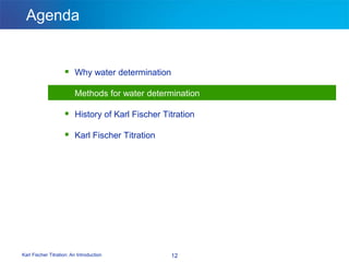 Karl Fischer Titration: An Introduction 12
Agenda
 Why water determination
 Methods for water determination
 History of Karl Fischer Titration
 Karl Fischer Titration
 