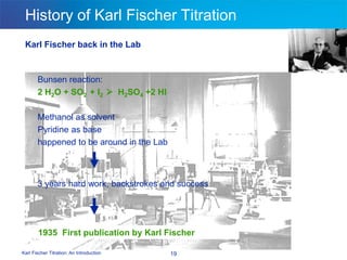 Karl Fischer Titration: An Introduction 19
History of Karl Fischer Titration
Karl Fischer back in the Lab
Methanol as solvent
Pyridine as base
happened to be around in the Lab
Bunsen reaction:
2 H2O + SO2 + I2  H2SO4 +2 HI
1935 First publication by Karl Fischer
3 years hard work, backstrokes and success
 