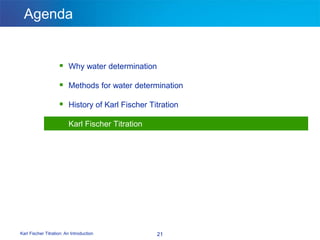 Karl Fischer Titration: An Introduction 21
Agenda
 Why water determination
 Methods for water determination
 History of Karl Fischer Titration
 Karl Fischer Titration
 
