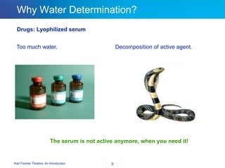Karl Fischer Titration: An Introduction 5
Why Water Determination?
Too much water. Decomposition of active agent.
The serum is not active anymore, when you need it!
Drugs: Lyophilized serum
 
