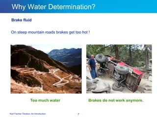 Karl Fischer Titration: An Introduction 7
Why Water Determination?
Brake fluid
Too much water Brakes do not work anymore.
On steep mountain roads brakes get too hot !
 
