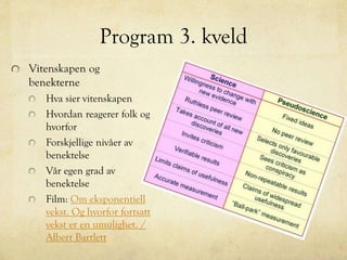 Program 3. kveld
Vitenskapen og
benekterne
Hva sier vitenskapen
Hvordan reagerer folk og
hvorfor
Forskjellige nivåer av
benektelse
Vår egen grad av
benektelse
Film: Om eksponentiell
vekst. Og hvorfor fortsatt
vekst er en umulighet. /
Albert Bartlett
 