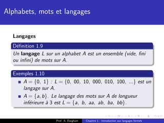Alphabets, mots et langages


  Langages
  D´ﬁnition 1.9
   e
  Un langage L sur un alphabet A est un ensemble (vide, ﬁni
  ou inﬁni) de mots sur A.

  Exemples 1.10
      A = {0, 1} : L = {0, 00, 10, 000, 010, 100, ...} est un
      langage sur A.
      A = {a, b}. Le langage des mots sur A de longueur
      inf´rieure ` 3 est L = {a, b, aa, ab, ba, bb}.
         e       a


                    Prof. A. Dargham   Chapitre 1 : Introduction aux langages formels
 