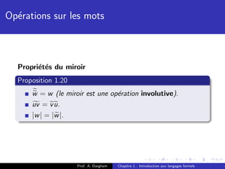 Op´rations sur les mots
  e



  Propri´t´s du miroir
        e e
  Proposition 1.20
      w = w (le miroir est une op´ration involutive).
                                 e
      uv = v u.
      |w | = |w |.




                     Prof. A. Dargham   Chapitre 1 : Introduction aux langages formels
 