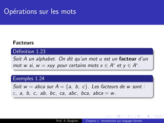 Op´rations sur les mots
  e


  Facteurs
  D´ﬁnition 1.23
   e
  Soit A un alphabet. On dit qu’un mot u est un facteur d’un
  mot w si, w = xuy pour certains mots x ∈ A∗ et y ∈ A∗ .

  Exemples 1.24
  Soit w = abca sur A = {a, b, c}. Les facteurs de w sont :
  ε, a, b, c, ab, bc, ca, abc, bca, abca = w .



                    Prof. A. Dargham   Chapitre 1 : Introduction aux langages formels
 