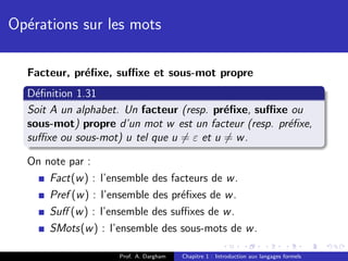 Op´rations sur les mots
  e

  Facteur, pr´ﬁxe, suﬃxe et sous-mot propre
             e
  D´ﬁnition 1.31
    e
  Soit A un alphabet. Un facteur (resp. pr´ﬁxe, suﬃxe ou
                                          e
  sous-mot) propre d’un mot w est un facteur (resp. pr´ﬁxe,
                                                      e
  suﬃxe ou sous-mot) u tel que u = ε et u = w .

  On note par :
      Fact(w ) : l’ensemble des facteurs de w .
      Pref (w ) : l’ensemble des pr´ﬁxes de w .
                                   e
      Suﬀ (w ) : l’ensemble des suﬃxes de w .
      SMots(w ) : l’ensemble des sous-mots de w .

                    Prof. A. Dargham   Chapitre 1 : Introduction aux langages formels
 