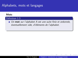 Alphabets, mots et langages

  Mots
  D´ﬁnition 1.3
   e
      Un mot sur l’alphabet A est une suite ﬁnie et ordonn´e,
                                                          e
      ´ventuellement vide, d’´l´ments de l’alphabet.
      e                      ee




                     Prof. A. Dargham   Chapitre 1 : Introduction aux langages formels
 