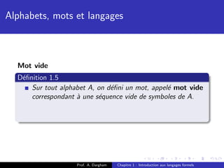 Alphabets, mots et langages



  Mot vide
  D´ﬁnition 1.5
   e
      Sur tout alphabet A, on d´ﬁni un mot, appel´ mot vide
                               e                 e
      correspondant ` une s´quence vide de symboles de A.
                    a      e




                    Prof. A. Dargham   Chapitre 1 : Introduction aux langages formels
 