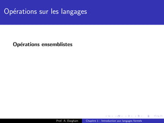 Op´rations sur les langages
  e



  Op´rations ensemblistes
    e




                  Prof. A. Dargham   Chapitre 1 : Introduction aux langages formels
 