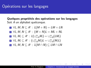 Op´rations sur les langages
  e

  Quelques propri´t´s des op´rations sur les langages
                  e e         e
  Soit A un alphabet quelconque.
    1   ∀L, M, N ⊆ A∗ : L(M + N) = LM + LN
    2   ∀L, M, N ⊆ A∗ : (M + N)L = ML + NL
    3   ∀L, Mi ⊆ A∗ : L(∪∞ Mi ) = ∪∞ (LMi )
                         i=0        i=0
                  ∗     ∞           ∞
    4   ∀L, Mi ⊆ A : (∪i=0 Mi )L = ∪i=0 (Mi L)
    5   ∀L, M, N ⊆ A∗ : L(M ∩ N) ⊆ LM ∩ LN




                      Prof. A. Dargham   Chapitre 1 : Introduction aux langages formels
 
