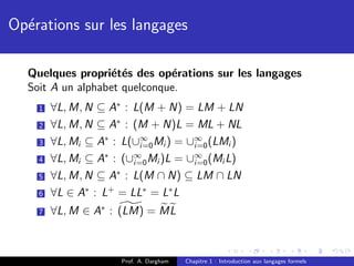 Op´rations sur les langages
  e

  Quelques propri´t´s des op´rations sur les langages
                  e e         e
  Soit A un alphabet quelconque.
    1   ∀L, M, N ⊆ A∗ : L(M + N) = LM + LN
    2   ∀L, M, N ⊆ A∗ : (M + N)L = ML + NL
    3   ∀L, Mi ⊆ A∗ : L(∪∞ Mi ) = ∪∞ (LMi )
                         i=0        i=0
                  ∗     ∞           ∞
    4   ∀L, Mi ⊆ A : (∪i=0 Mi )L = ∪i=0 (Mi L)
    5   ∀L, M, N ⊆ A∗ : L(M ∩ N) ⊆ LM ∩ LN
    6   ∀L ∈ A∗ : L+ = LL∗ = L∗ L
    7   ∀L, M ∈ A∗ : (LM) = M L



                      Prof. A. Dargham   Chapitre 1 : Introduction aux langages formels
 