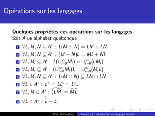 Op´rations sur les langages
  e

  Quelques propri´t´s des op´rations sur les langages
                  e e         e
  Soit A un alphabet quelconque.
    1   ∀L, M, N ⊆ A∗ : L(M + N) = LM + LN
    2   ∀L, M, N ⊆ A∗ : (M + N)L = ML + NL
    3   ∀L, Mi ⊆ A∗ : L(∪∞ Mi ) = ∪∞ (LMi )
                         i=0        i=0
                  ∗     ∞           ∞
    4   ∀L, Mi ⊆ A : (∪i=0 Mi )L = ∪i=0 (Mi L)
    5   ∀L, M, N ⊆ A∗ : L(M ∩ N) ⊆ LM ∩ LN
    6   ∀L ∈ A∗ : L+ = LL∗ = L∗ L
    7   ∀L, M ∈ A∗ : (LM) = M L
    8   ∀L ∈ A∗ : L = L

                      Prof. A. Dargham   Chapitre 1 : Introduction aux langages formels
 