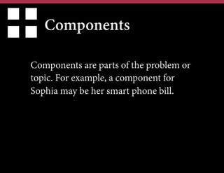Components
Components are parts of the problem or
topic. For example, a component for
Sophia may be her smart phone bill.

 