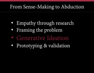 From Sense-Making to Abduction
We have this problem, lets jump in and brainstorm a solution
We have a new technology, what can we possibly use it for?
Our competitors just launched X; how quickly can we also do X?

•  Empathy through research
•  Framing the problem

•  Generative Ideation

•  Prototyping & validation

 