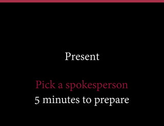 Present
Pick a spokesperson
5 minutes to prepare

 