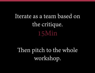 Iterate as a team based on
the critique.

15Min
Then pitch to the whole
workshop.

 