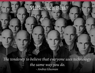 Malkovich Bias

The tendency to believe that everyone uses technology
the same way you do.
- Andres Glusman

 