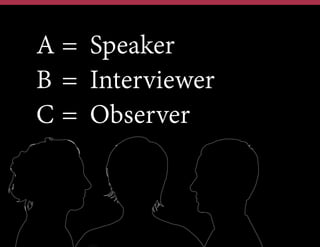 A = Speaker
B = Interviewer
C = Observer

 