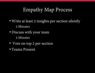 Empathy Map Process
• Write at least 2 insights per section silently
•  5 Minutes

• Discuss with your team
•  5 Minutes

•  Vote on top 2 per section
• Teams Present

 