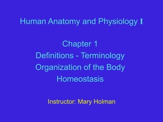 Human Anatomy and Physiology I
Chapter 1
Definitions - Terminology
Organization of the Body
Homeostasis
Instructor: Mary Holman
 