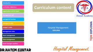 Curriculum content
introduction
curriculum objectives
organization and its types
management def.
managerial function
managerial skills
manger's roles
Management roles
Team management
Time management
Good manager qualities
 