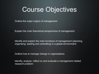 Course Objectives
1. Outline the major origins of management



2. Explain the main theoretical perspectives of management



3. Identify and explain the main functions of management (planning,
   organising, leading and controlling) in a global environment



4. Outline how to manage change in organisations


5. Identify, analyse, reflect on and evaluate a management related
   research problem
 