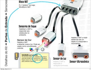 DetalhesdoKit➠PortasdeEntrada➠Sensore É o “cérebro” do Lego
MindStorm NXT
Habilitam o NXT a
responder aos
obstáculos no
ambiente.
Sensor de Cor
Habilita o NXT
a detectar cores e luz. Pode ser
usado como uma lâmpada
colorida.
Habilita o NXT a
responder à
variações luminosas.
Habilita o NXT a medir
distâncias até um
objeto e a responder a
movimentos.
4Monday, March 24, 14
 
