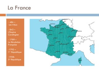 La France 486 –   Les tribus 843 –  L’Empire Carolingien 1789 – La Révolution Française 1792 – 1 er  République 1958- 5 e  République 