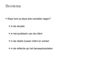 Bootsma Waar kom je deze drie werelden tegen? in de situatie in het probleem van de cliënt in de relatie tussen cliënt en werker in de reflectie op het beroepshandelen 