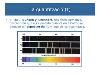 La quantització (I) El 1860,  Bunsen y Kirchhoff , dos físics alemanys, descobriren que els elements químics en escalfar-se emetien un  espectre de llum  que els caracteritzava. Longitud d’ona (nm) 