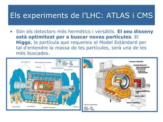 Els experiments de l’LHC: ATLAS i CMS Són els detectors més hermètics i versàtils.  El seu disseny està optimitzat per a buscar noves partícules . El  Higgs , la partícula que requereix el Model Estàndard per tal d’entendre la massa de les partícules, serà una de les més buscades. 