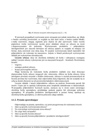 „Projekt współfinansowany ze środków Europejskiego Funduszu Społecznego”
9
Rys. 5. Schemat utrząsarki elektromagnetycznej [2, s. 10]
W pewnych przypadkach wyrównanie przez utrząsanie jest jednak niemożliwe, np. bibuły
o bardzo szorstkiej powierzchni, ze względu na zbyt duże tarcie, a bardzo cienkie bibułki,
o małej sztywności, ulegają zaginaniu przy dojściu do płyt oporowych. Takie wyroby
papiernicze trzeba wyrównywać ręcznie przez układanie arkusz po arkuszu na stosie
z dopasowywaniem ich położenia. Wyrównywanie produktów i półproduktów
introligatorskich jest znacznie łatwiejsze niż arkuszy papieru ze względu na mniejszy ich
format, dużą sztywność oraz dużą masę. W zasadzie wyrównywania takich materiałów lub
półproduktów nie wykonuje się maszynowo. Jedynie w liniach potokowych wyrównywanie
składek jest wykonywane automatycznie.
Liczenie arkuszy służy do określenia dokładnej ich liczby i zabezpiecza wymagany
nakład. Liczenie arkuszy wykonywane jest na maszynach liczących – liczarkach. Rozróżniamy
liczarki:
− wagowe,
− sumujące grubość arkuszy,
− liczące poszczególne arkusze.
Mając konieczną do wykonanie liczbę produktów (nakład) oraz dane dotyczące
dopuszczalnej liczby arkuszy mogących ulec zniszczeniu, oblicza się liczbę arkuszy, którą
introligator powinien otrzymać z działów drukowania. Arkusze w stosach przeznaczonych do
liczenia powinny być wyrównane, mieć odpowiednio dużą wilgotność, aby nie sczepiały się ze
sobą na skutek obecności na ich powierzchni ładunków elektrostatycznych.
Liczenie składek i innych półproduktów odbywa się podczas formowania paczek lub
stosów. Często jest to operacja wykonywana przez urządzenia zainstalowane w złamywarkach.
W przypadku półproduktów liczonych ręcznie, zaznacza się w stosie części zawierające
określoną liczbę egzemplarzy, przekładając paskami papieru lub odwracając położenie
egzemplarzy. W przypadku produktów introligatorskich w postaci luźnej, opaskuje się
określoną liczbę egzemplarzy, co ułatwia policzenie całego nakładu.
4.1.2. Pytania sprawdzające
Odpowiadając na pytania, sprawdzisz, czy jesteś przygotowany do wykonania ćwiczeń.
1. Jakie są sposoby wyrównywania arkuszy?
2. Na czym polega wyrównywanie stosu arkuszy?
3. Do czego służy utrząsarka?
4. Jakie są sposoby liczenia arkuszy?
5. Jakie są sposoby liczenia półproduktów i produktów introligatorskich?
 