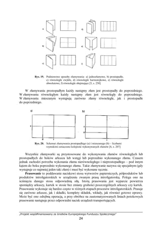 „Projekt współfinansowany ze środków Europejskiego Funduszu Społecznego”
24
Rys. 19. Podstawowe sposoby złamywania: a) jednozłamowe, b) prostopadłe,
c) równoległe zwykłe, d) równoległe harmonijkowe, e) równoległe
obwolutowe, f) równoległe obejmujące [5, s. 250]
W złamywaniu prostopadłym każdy następny złam jest prostopadły do poprzedniego.
W złamywaniu równoległym każdy następny złam jest równoległy do poprzedniego.
W złamywaniu mieszanym występują zarówno złamy równoległe, jak i prostopadłe
do poprzedniego.
Rys. 20. Schemat złamywania prostopadłego (a) i mieszanego (b) – liczbami
rzymskimi oznaczono kolejność wykonywanych złamów [6, s. 207]
Wszystkie złamywarki są przystosowane do wykonywania złamów równoległych lub
prostopadłych do boków arkusza lub wstęgi lub poprzednio wykonanego złamu. Czasem
jednak zachodzi potrzeba wykonania złamu nierównoległego i nieprostopadłego – pod innym
kątem do boku poprzednio wykonanego złamu. Takie złamywanie nazywa się specjalnym (gdy
występuje co najmniej jeden taki złam) i musi być wykonane ręcznie.
Prasowanie to poddawanie naciskowi stosu wytworów papierniczych, półproduktów lub
produktów introligatorskich w urządzeniu zwanym prasą introligatorską. Polega ono na
ściśnięciu danego stosu odpowiednią siłą. Istotą prasowania jest wyparcie powietrza
spomiędzy arkuszy, kartek w stosie bez zmiany grubości poszczególnych arkuszy czy kartek.
Prasowanie wykonuje się bardzo często w różnych etapach procesów introligatorskich. Prasuje
się zarówno arkusze, jak i składki, komplety składek, wkłady, jak również gotowe oprawy.
Może być ono odrębną operacją, a przy obróbce na zautomatyzowanych liniach potokowych
prasowanie następuje przez odpowiedni nacisk urządzeń transportujących.
 