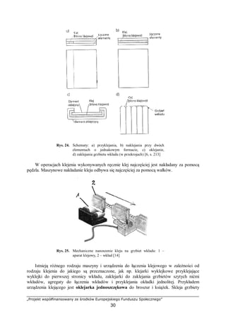 „Projekt współfinansowany ze środków Europejskiego Funduszu Społecznego”
30
Rys. 24. Schematy: a) przyklejania, b) naklejania przy dwóch
elementach o jednakowym formacie, c) oklejanie,
d) zaklejania grzbietu wkładu (w przekrojach) [6, s. 213]
W operacjach klejenia wykonywanych ręcznie klej najczęściej jest nakładany za pomocą
pędzla. Maszynowe nakładanie kleju odbywa się najczęściej za pomocą wałków.
Rys. 25. Mechaniczne nanoszenie kleju na grzbiet wkładu: 1 –
aparat klejowy, 2 – wkład [14]
Istnieją różnego rodzaju maszyny i urządzenia do łączenia klejowego w zależności od
rodzaju klejenia do jakiego są przeznaczone, jak np. klejarki wyklejkowe przyklejające
wyklejki do pierwszej stronicy wkładu, zaklejarki do zaklejania grzbietów szytych nićmi
wkładów, agregaty do łączenia wkładów i przyklejania okładki jednolitej. Przykładem
urządzenia klejącego jest oklejarka jednoszczękowa do broszur i książek. Skleja grzbiety
 